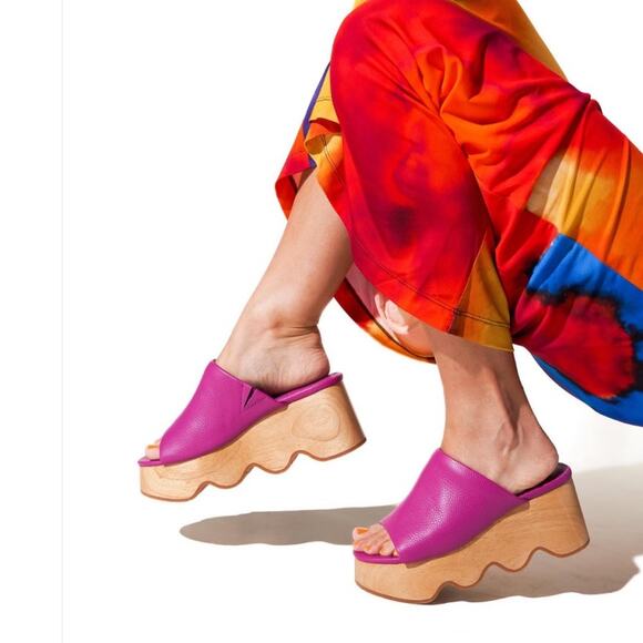 Charlotte Stone Shoes - Charlotte Stone Truman Platform Mule Clog Leather Magenta Wood Sole Size 8